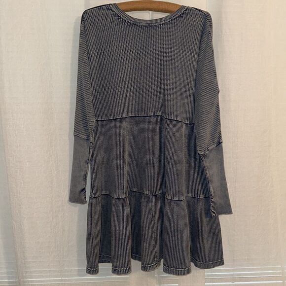 fp XS One Jolene Waffle Knit Stone Washed Blue Tiered Long Sleeve Dress - Picture 5 of 16